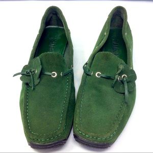 Suede Sam and Libby forest green moccasins